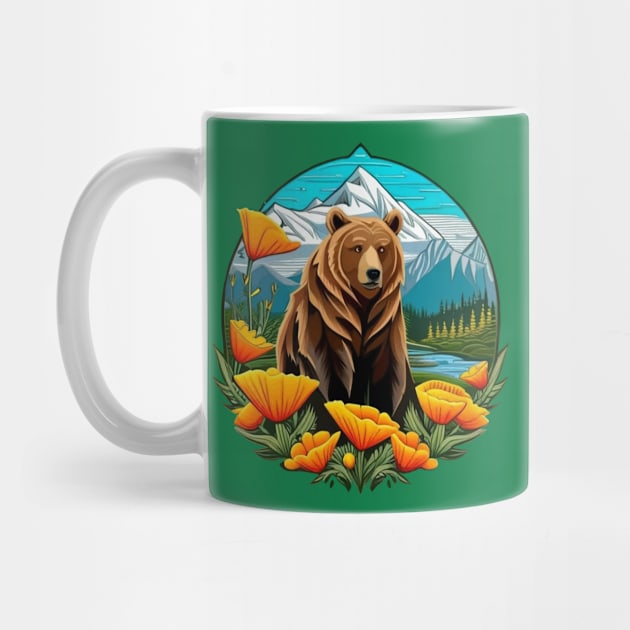 Bear In Mountain Landscape Surrounded By Orange California Poppies by taiche